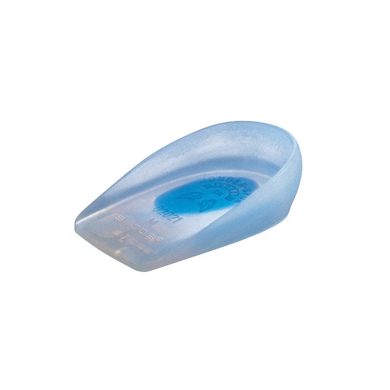 Silipos WonderSpur Heel Cup, a transparent gel heel insert with a blue cushioned area for extra comfort and support.