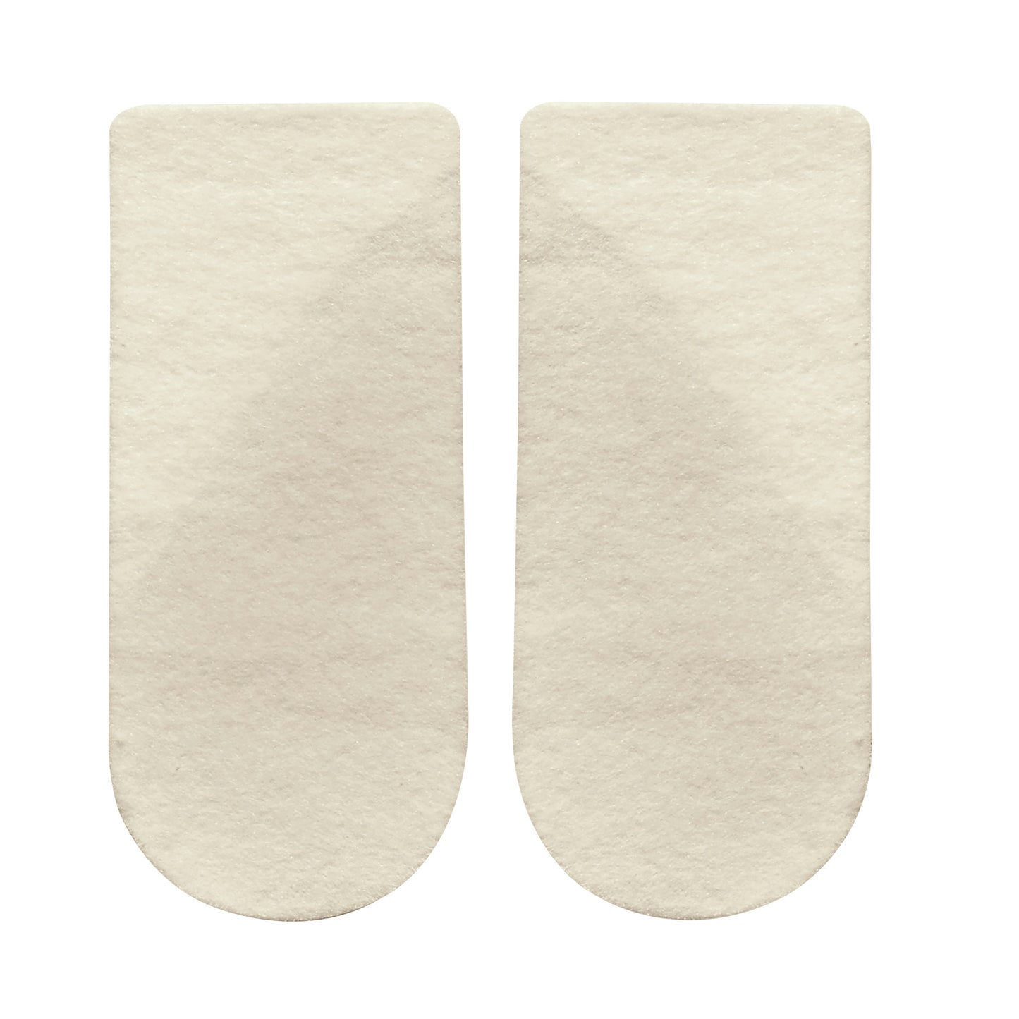Two beige Hapad 3/4-Length Medial/Lateral Heel Wedges with rounded ends are shown side by side.