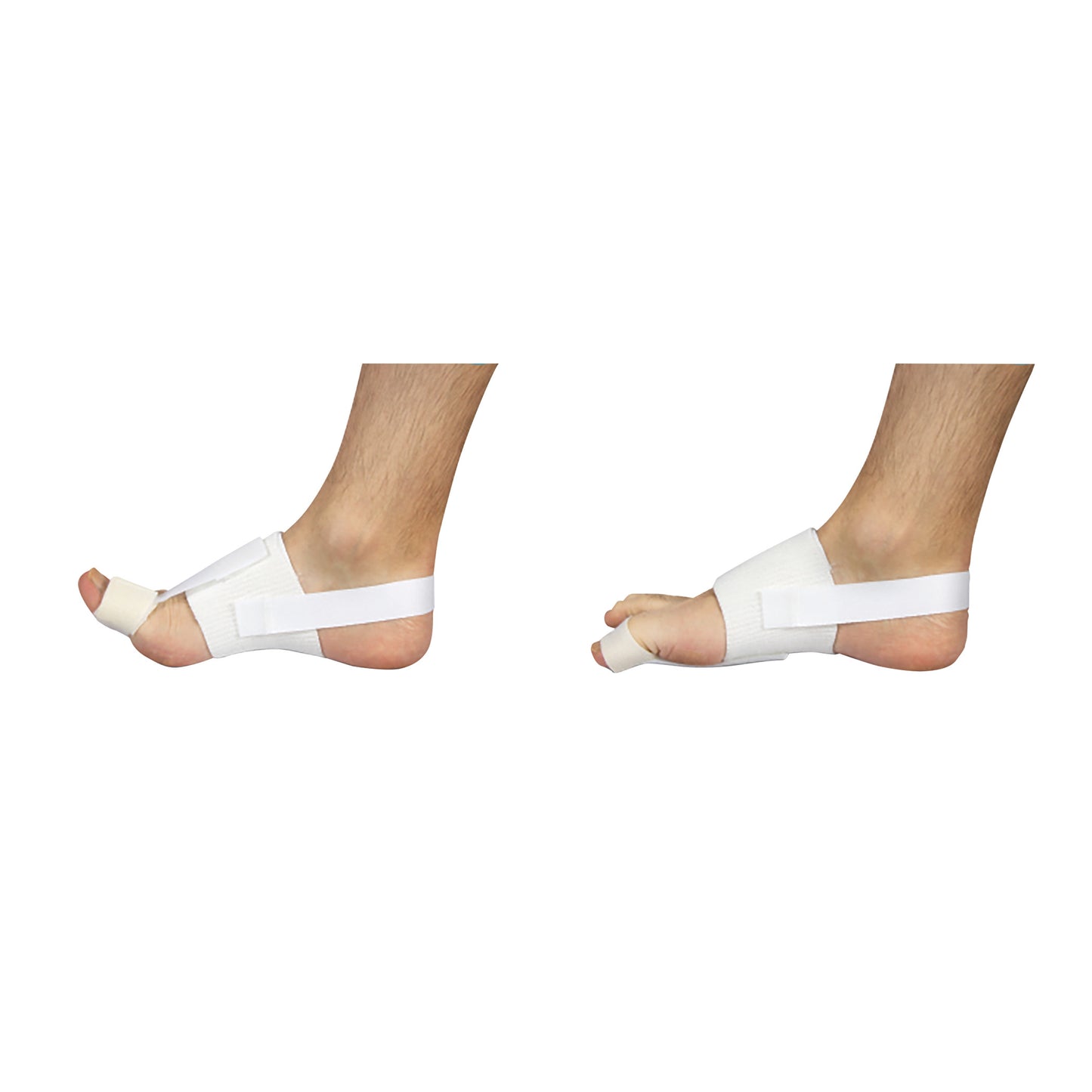 Two feet wearing DARCO Toe Alignment Splints, designed to correct toe positioning with white straps and toe separators.