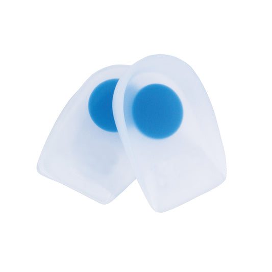 A pair of AliMed Silicone Heel Cups, translucent with blue cushioning spots in the center, shown on a white background.