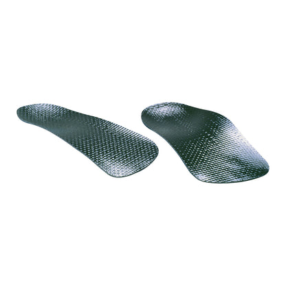A pair of AliMed Glass Composite Orthotic insoles with a textured, black surface displayed against a white background.
