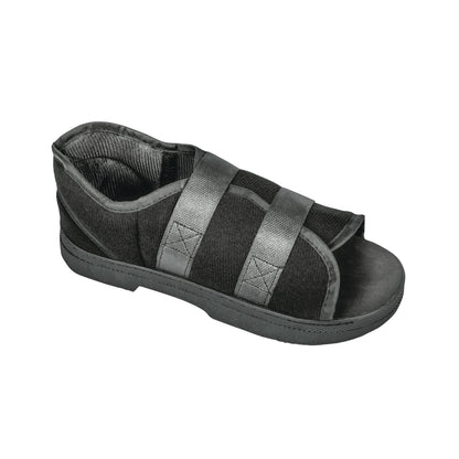The DARCO Softie Shoe is a black medical shoe with two adjustable straps and an open-toe design, designed for post-surgery use.