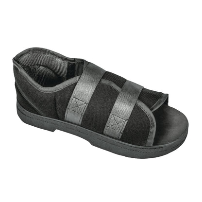 The DARCO Softie Shoe is a black post-operative shoe with two adjustable straps for foot stabilization and support.