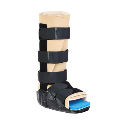 An AliMed Achilles Tendon Walker. It's a beige medical boot with black straps and a blue footbed.