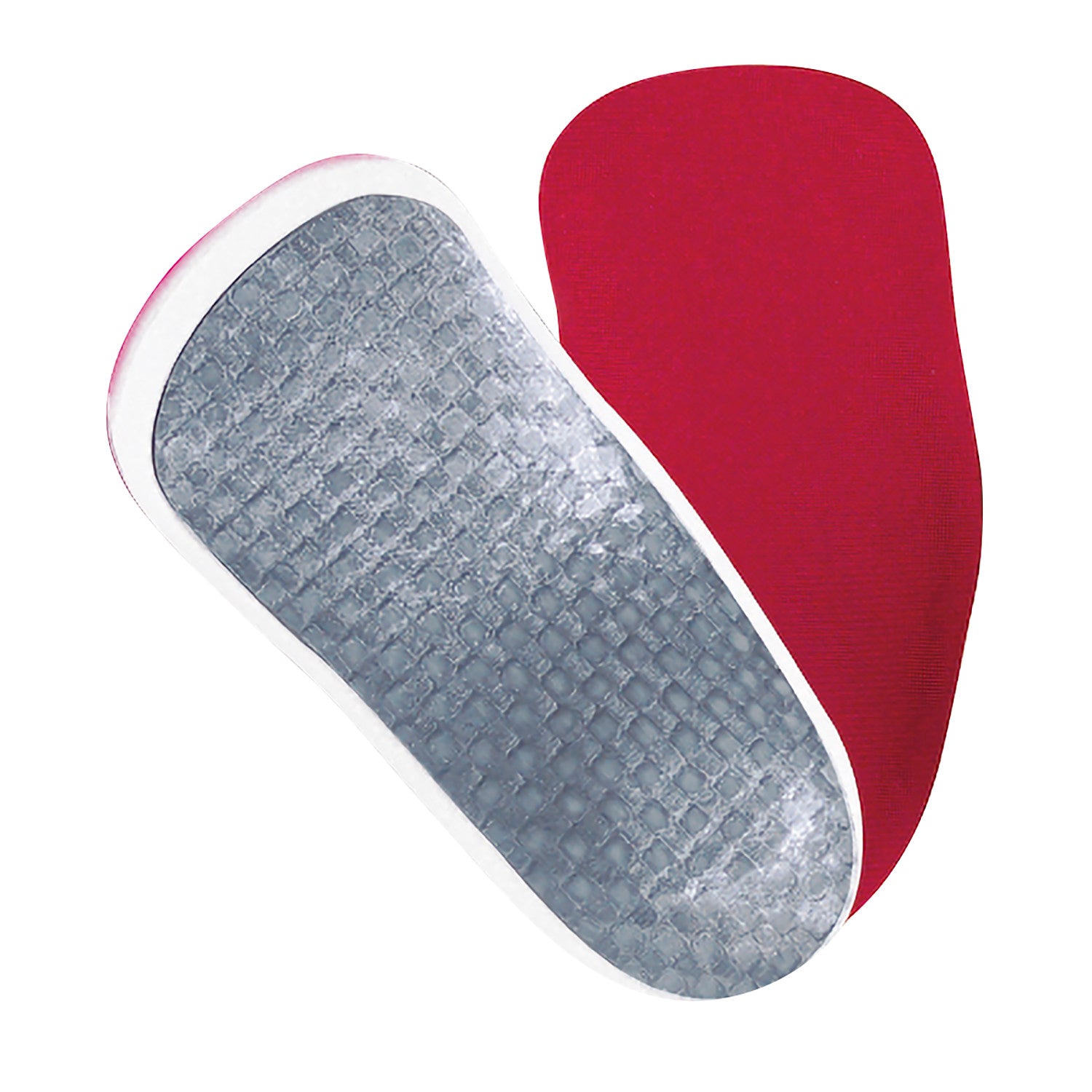 Unposted Ultimate Orthotic insoles shows  the red upper side and the textured, gray underside.