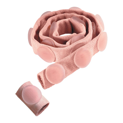 A rolled strip of Silipos Digital Pads On A Strip, featuring multiple round, soft pads attached to a pink elastic band.