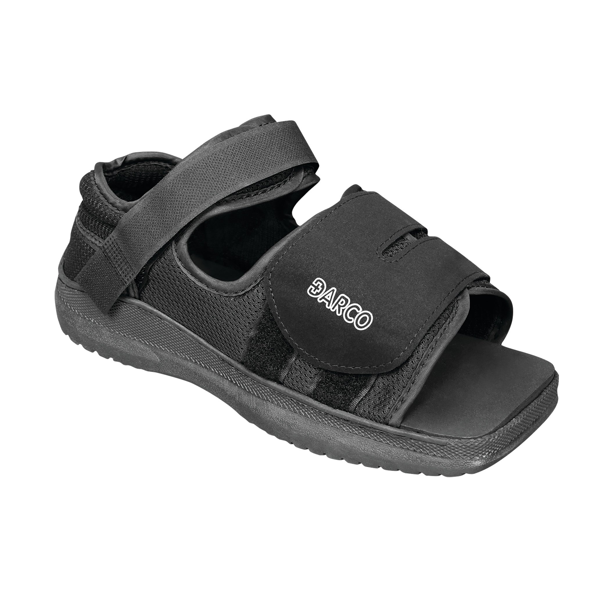 The image shows a DARCO MedSurg Shoe, a black orthopedic shoe with adjustable straps for post-surgery or medical use.