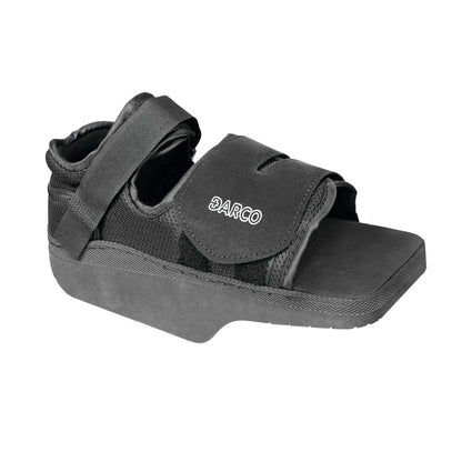 Black DARCO OrthoWedge Shoe with a Velcro strap, designed for medical use to offload pressure from the forefoot.