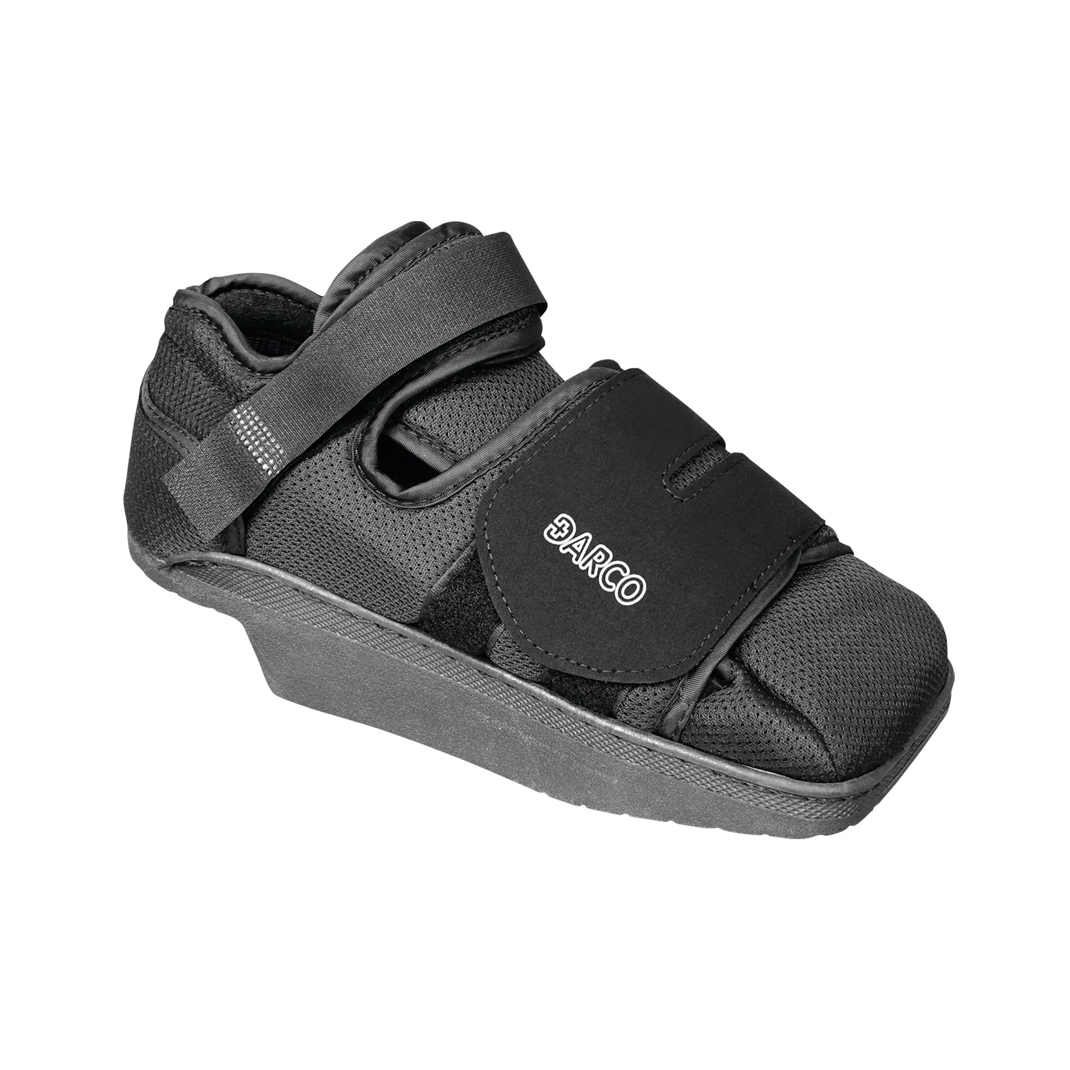 DARCO HeelWedge Healing Shoe in black with a sloped orthotic sole and adjustable straps for post-surgical or injury recovery.
