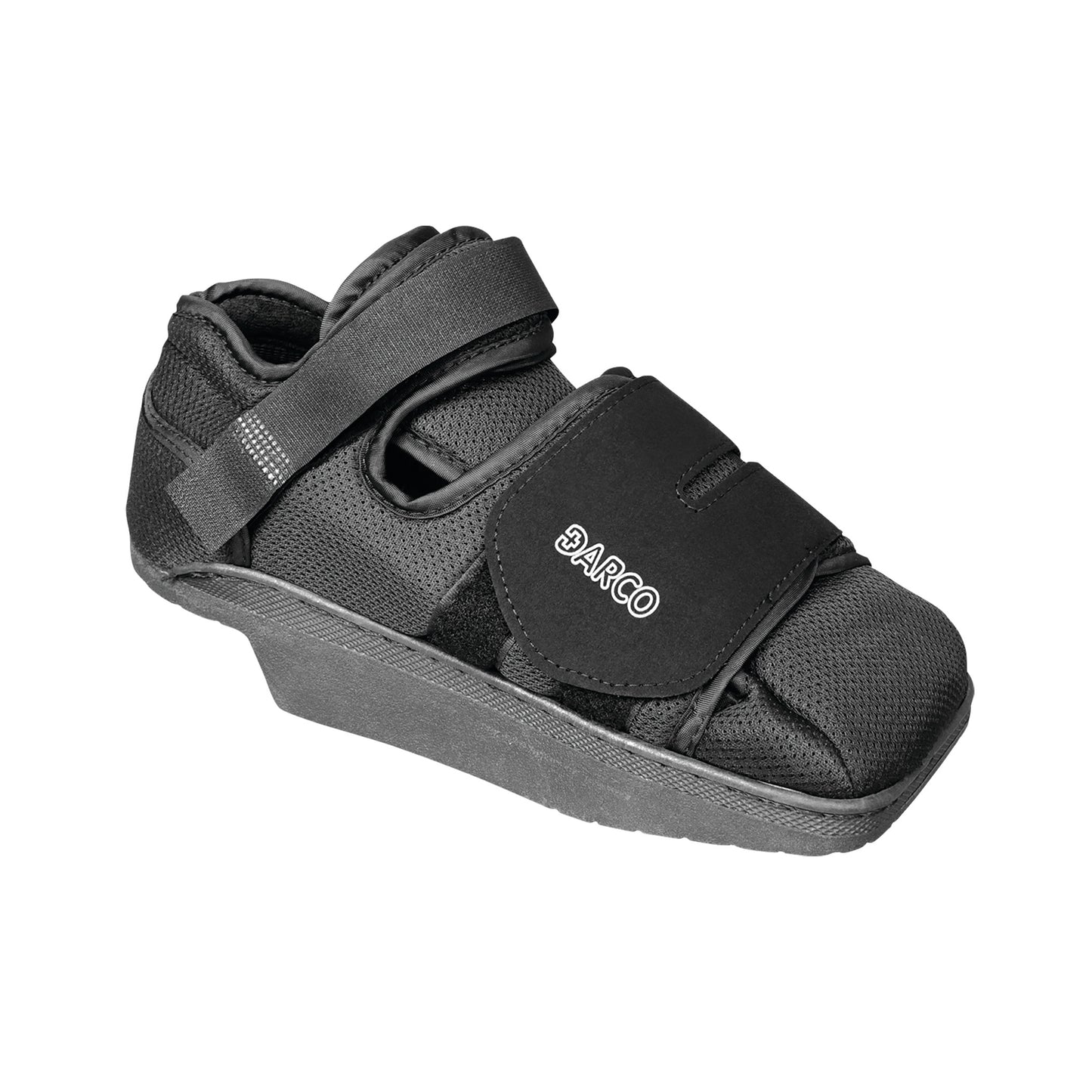 The DARCO HeelWedge Healing Shoe is a black orthopedic shoe with a wedge sole and adjustable straps for foot support.