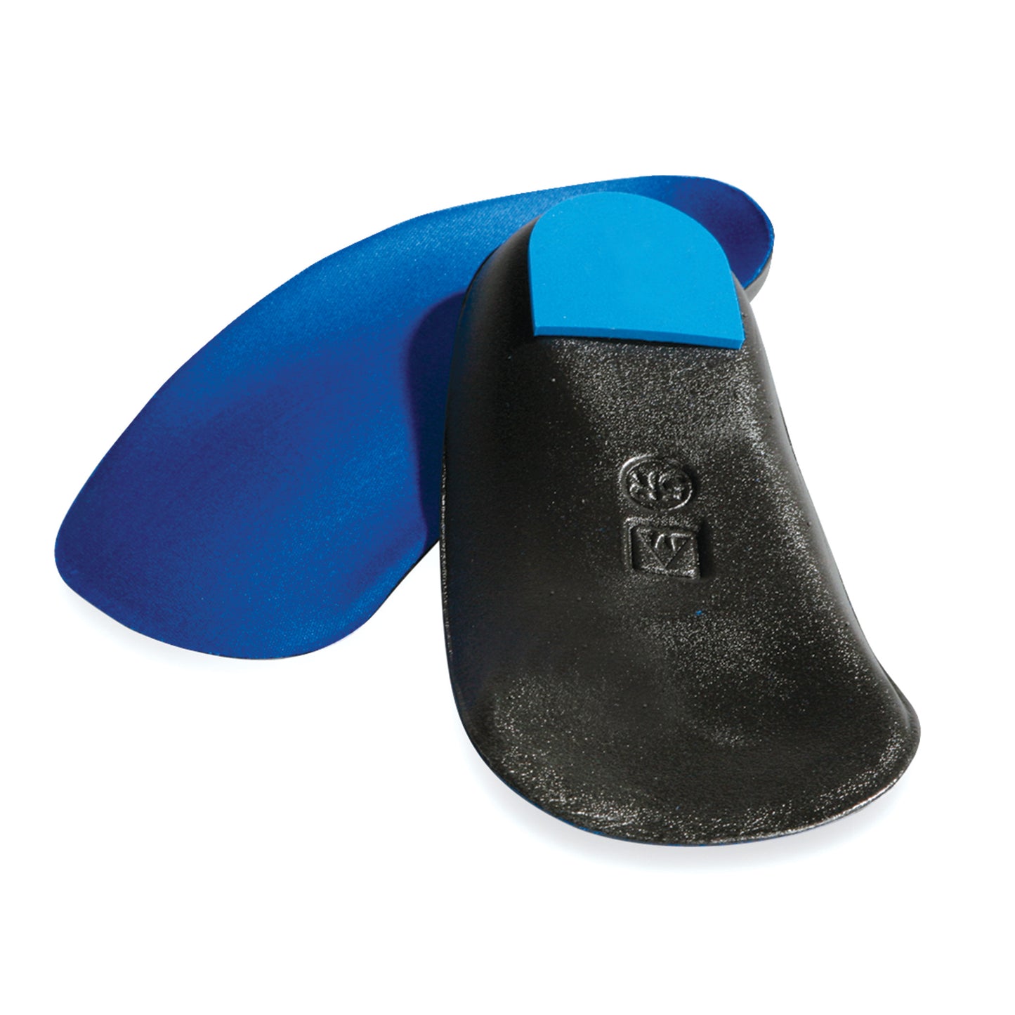AliMed FREEDOM High-Impact Accommodator Half Sole Orthotic, featuring a black base with blue cushioning, shown from the top.