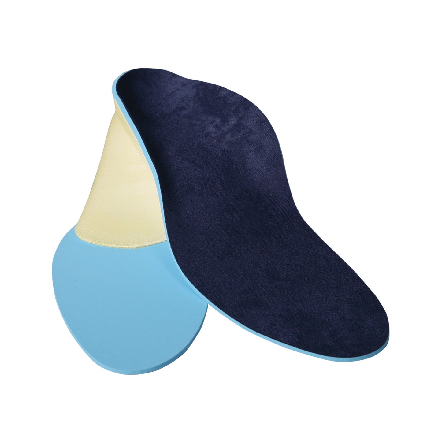 AliMed XPE Full-Length Cushioned Insole featuring a blue base, yellow arch support, and a dark blue top layer.