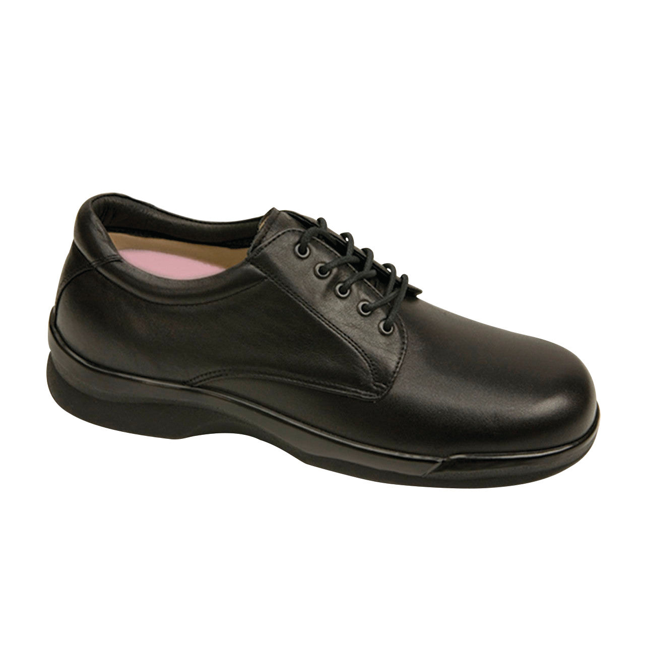 Black leather Apex Conform Men's Classic Oxford Dress Shoes with laces and a low heel, shown from a side angle.