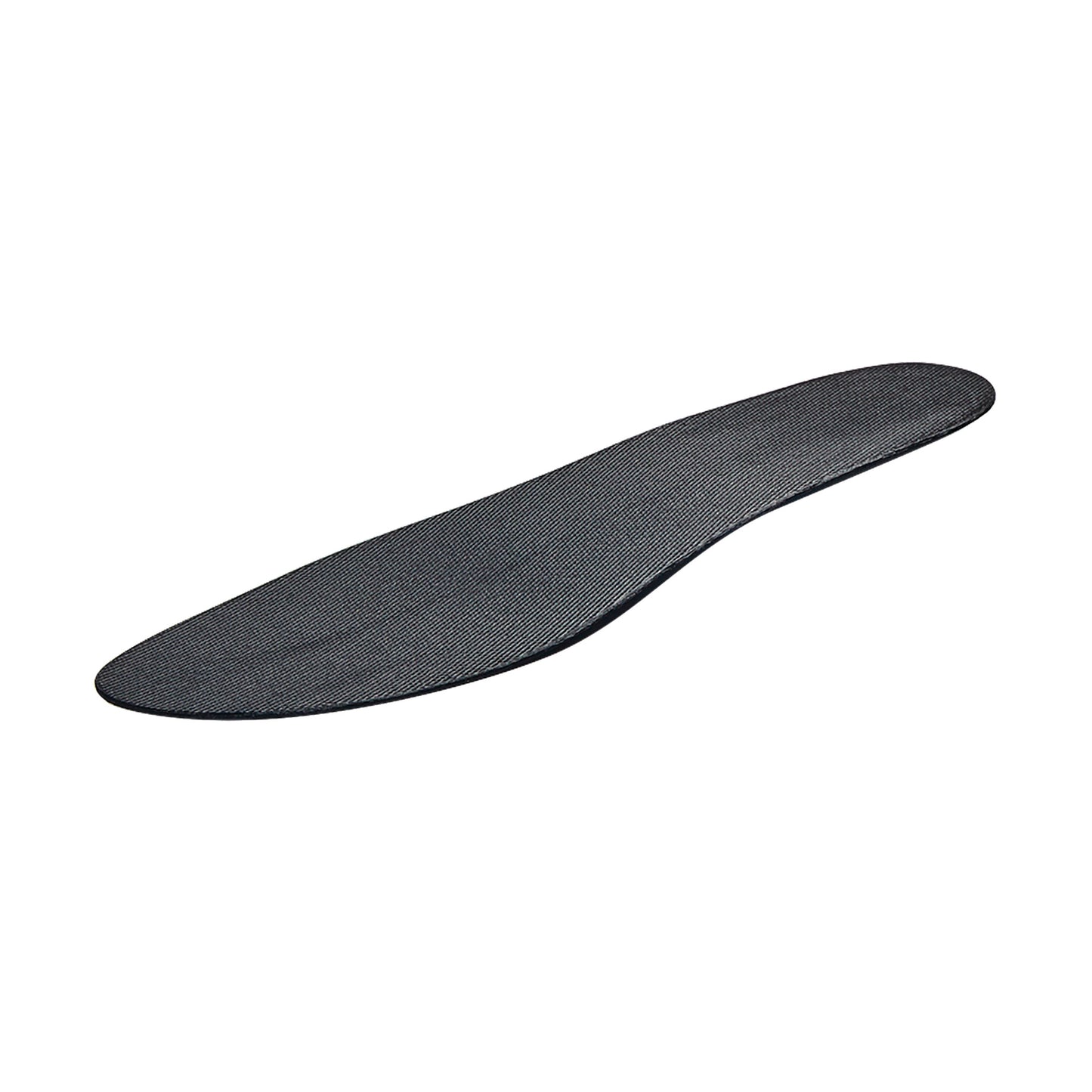 The Carboplast Thermoplastic Contoured Plate is a black, thin, foot-shaped insole designed to provide structural support in shoes.