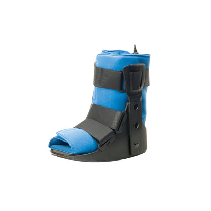 The DARCO Air Traveler Short Walker is a blue orthopedic boot with black straps and open toe design, used for foot support and mobility.