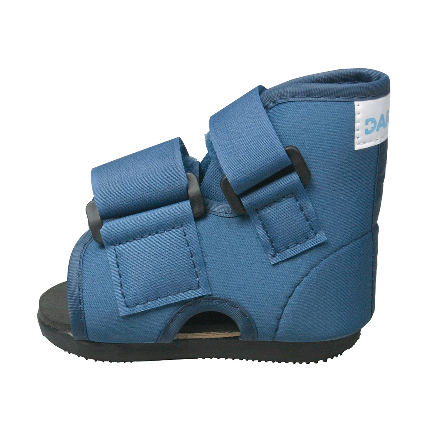 A blue DARCO Pediatric Slimline Cast Boot with two adjustable straps and an open-toe design, viewed from the side.