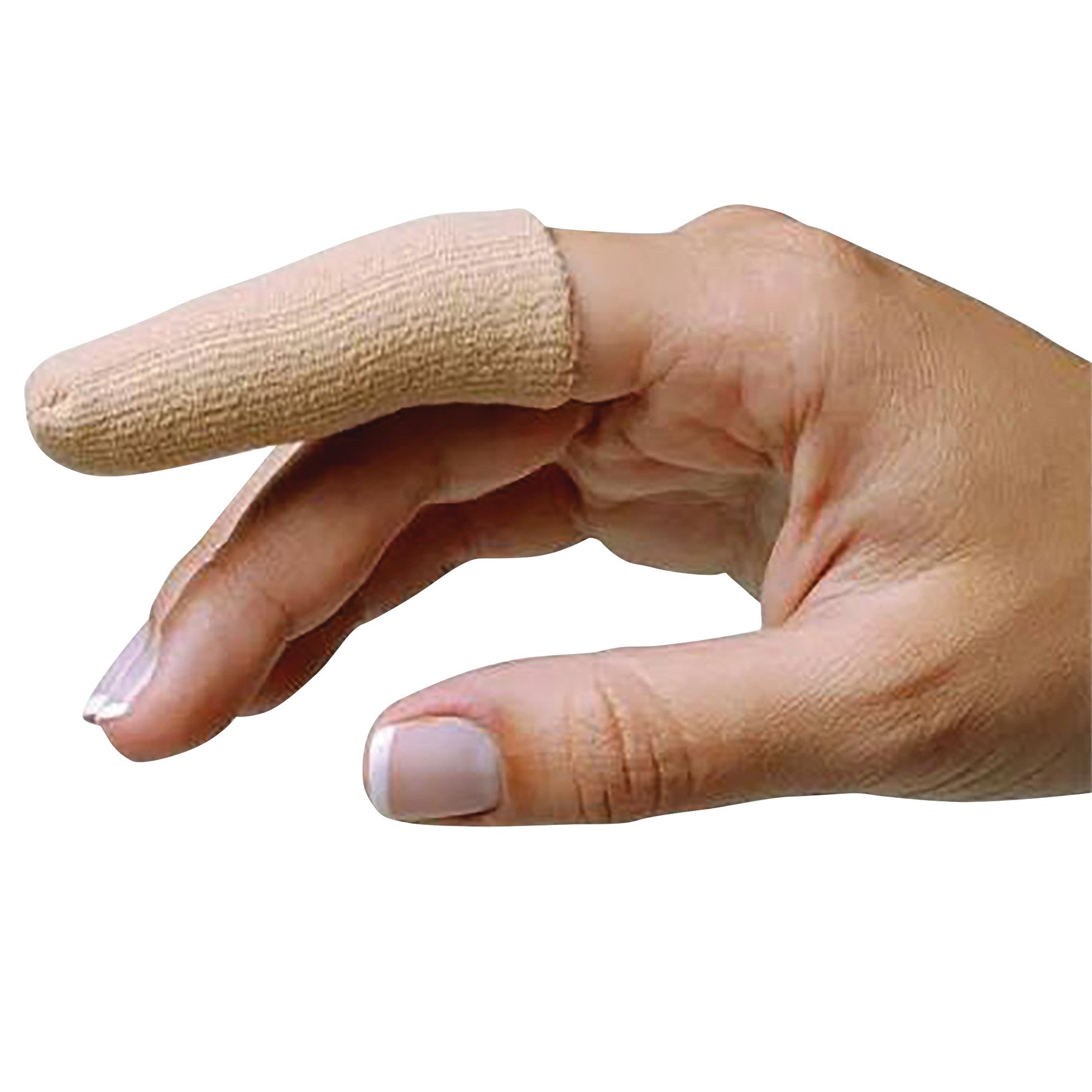 A hand wearing a PediFix Visco-GEL Digital Cap on the index finger, providing cushioning and protection.