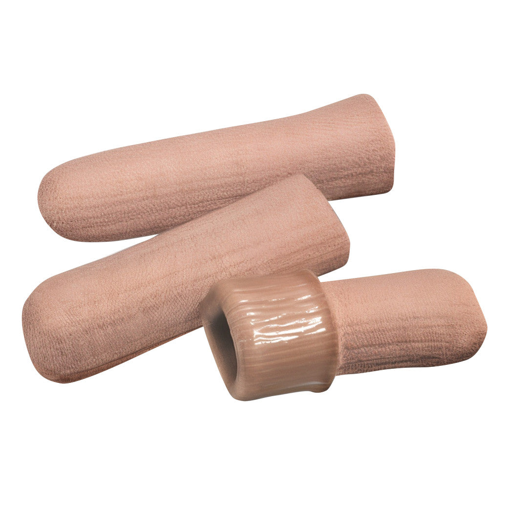 Three PediFix Visco-GEL Digital Caps, designed for toes, are shown. They are beige and tubular with a smooth gel interior.