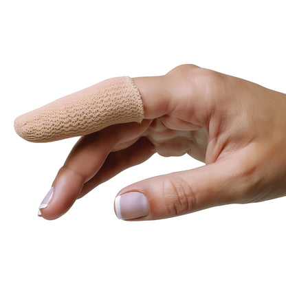 A hand with a PediFix Visco-GEL Digital Cap on the index finger, featuring a pastel pink manicure.
