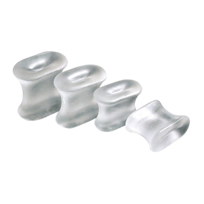 Clear plastic toe separators, known as Correct Toes, designed to improve foot alignment and comfort, shown on a white background.