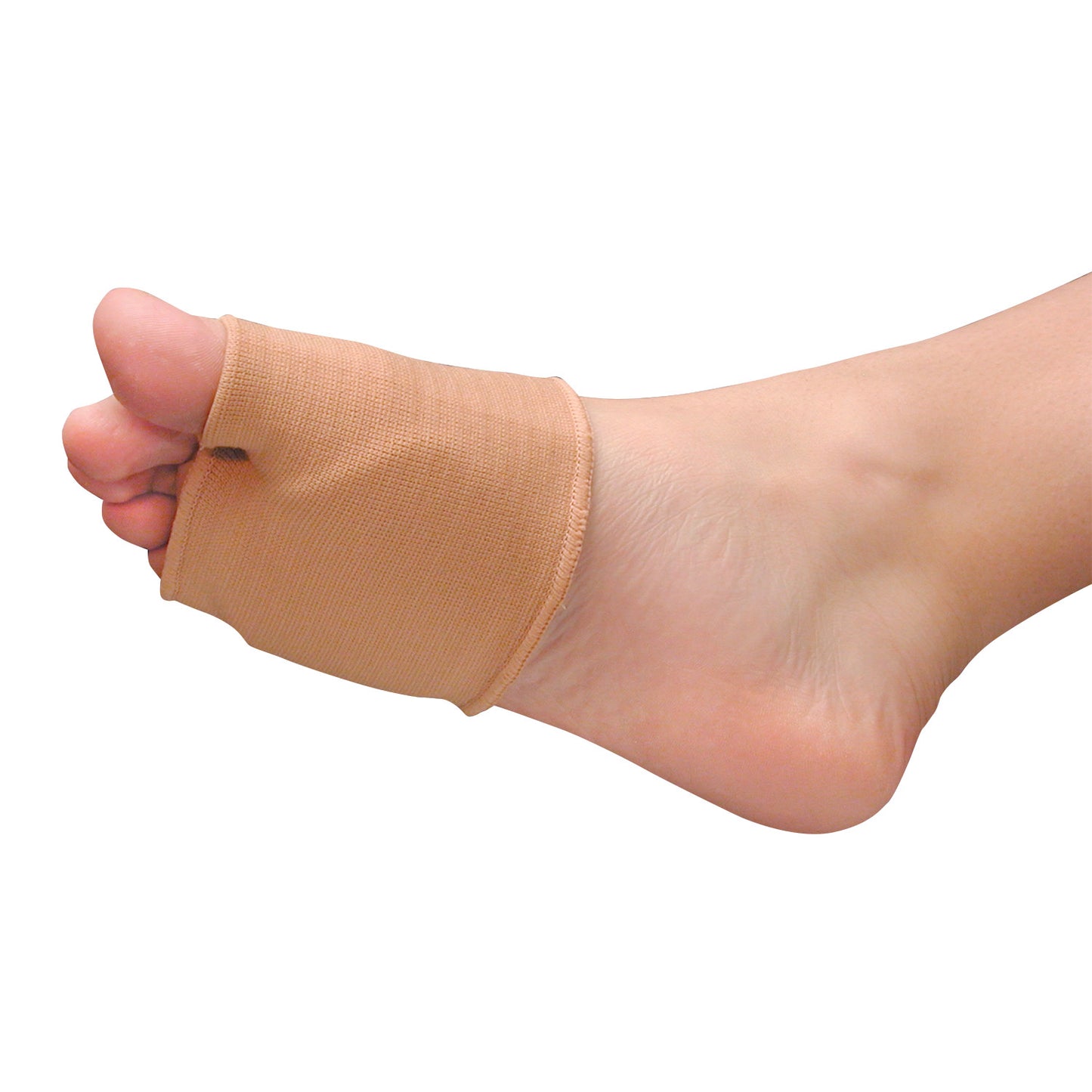 A foot wearing a PediFix Visco-GEL Universal Metatarsal Strap, a beige fabric sleeve covering the forefoot with toes exposed.