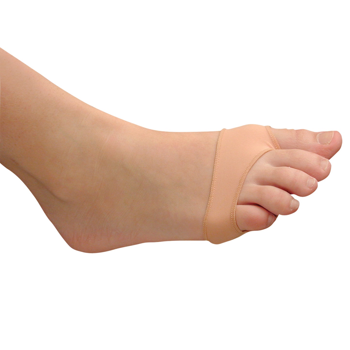 A foot wearing a PediFix Visco-GEL Silicone Thin Forefoot Cushion, covering the ball and toes for comfort and protection.