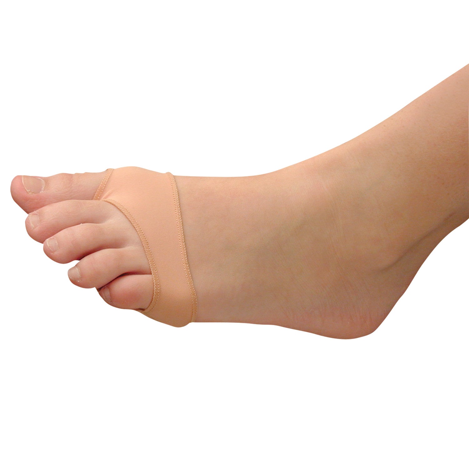 A foot wearing a PediFix Visco-GEL Silicone Thin Forefoot Cushion, covering the ball of the foot and secured between the toes.