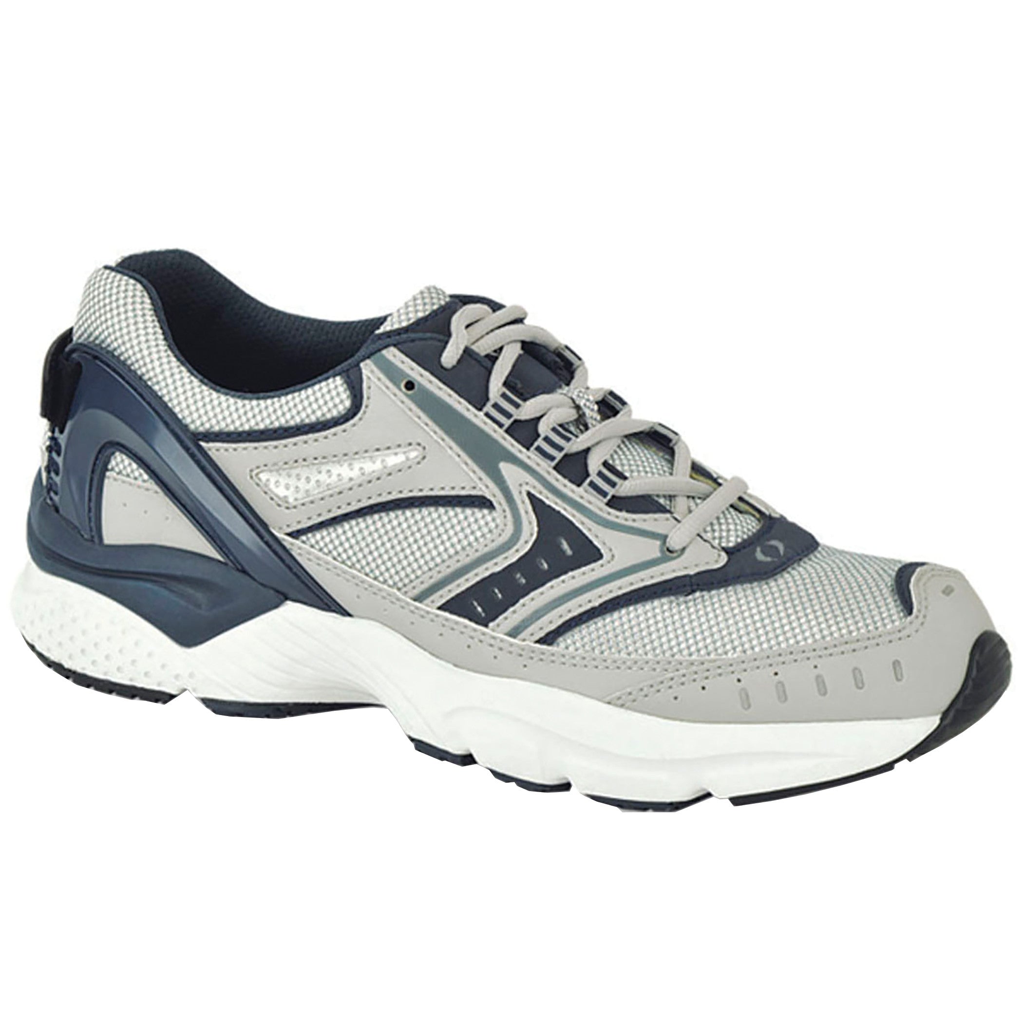 Apex X-Last Men's Rhino Runner Active Shoes in gray with navy accents and white sole, featuring a mesh design and lace-up closure.