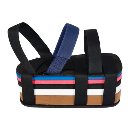 Adjustable Height Shoe Lift Set with multicolored stacked layers and three adjustable straps for secure fastening.