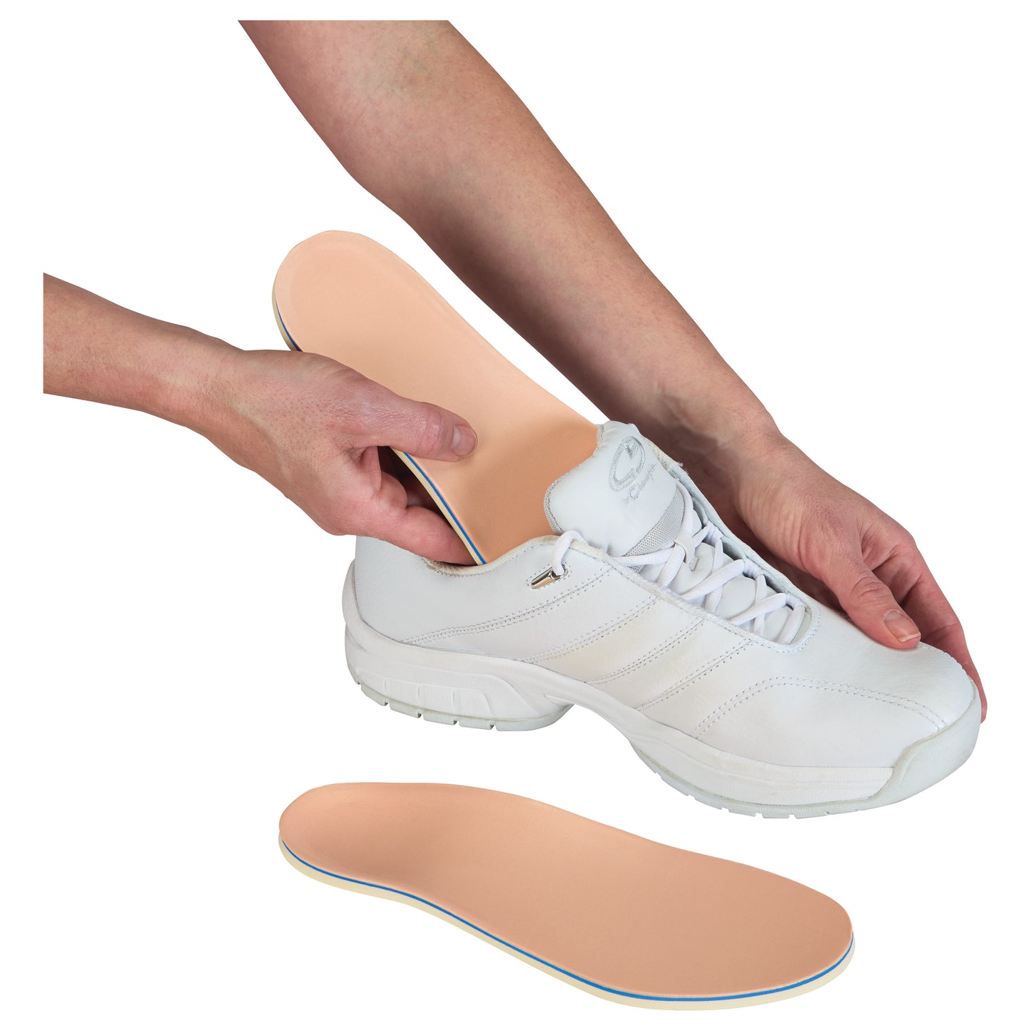 Hands hold a white sneaker while inserting the AliMed FREEDOM Trilaminate 1 Diabetic Insole. Another insole is placed nearby.