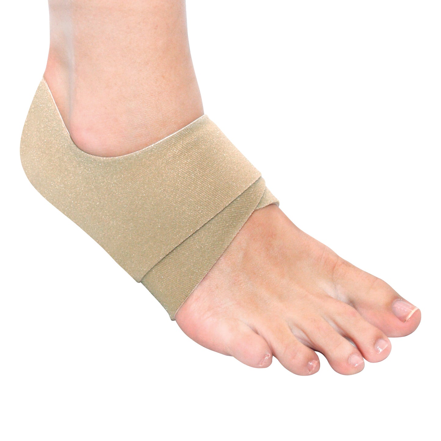 A foot wearing a beige Tarsal Support Wrap, providing compression around the ankle and arch for stability and support.