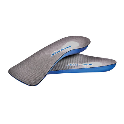 A pair of AliMed FREEDOM Accommodator 3/4-Length Semi-Rigid PRO Insoles with gray tops and blue bases are shown.