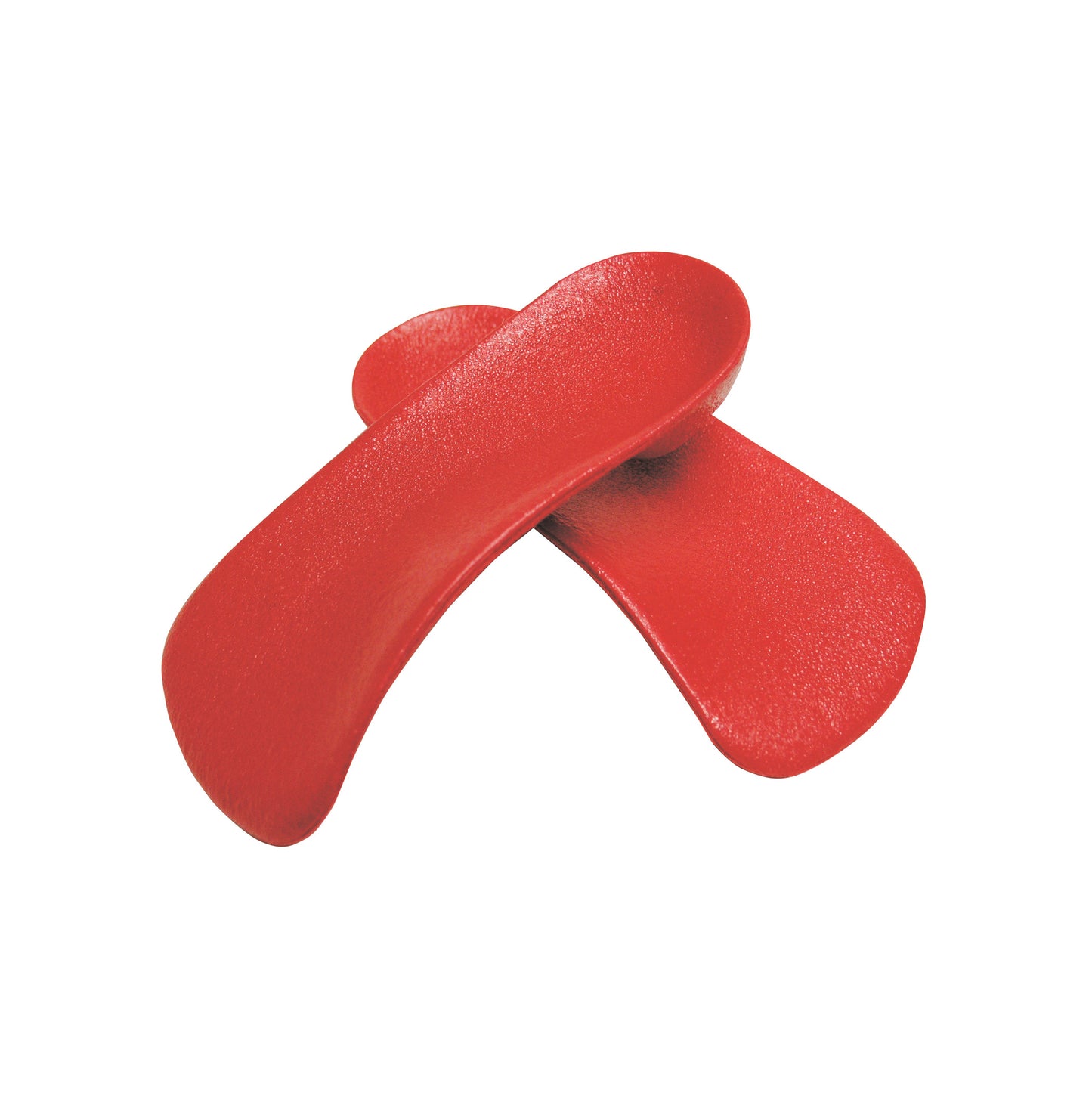 A pair of red Arch Angels Insoles with a sleek, contoured design, crossed and displayed on a white background.