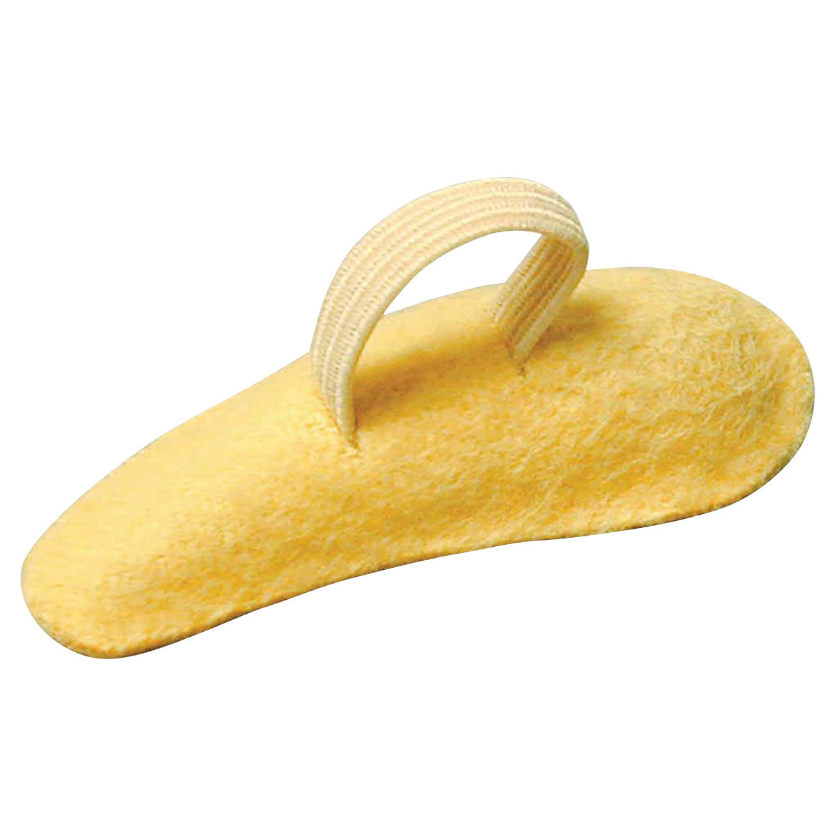 A PediFix FELTastic Hammer Toe Cushion in yellow felt with a looped strap for toe alignment and comfort.