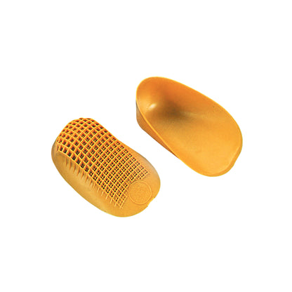 Tuli's Classic Heel Cup in orange, featuring a grid pattern for cushioning and support, shown from two angles.