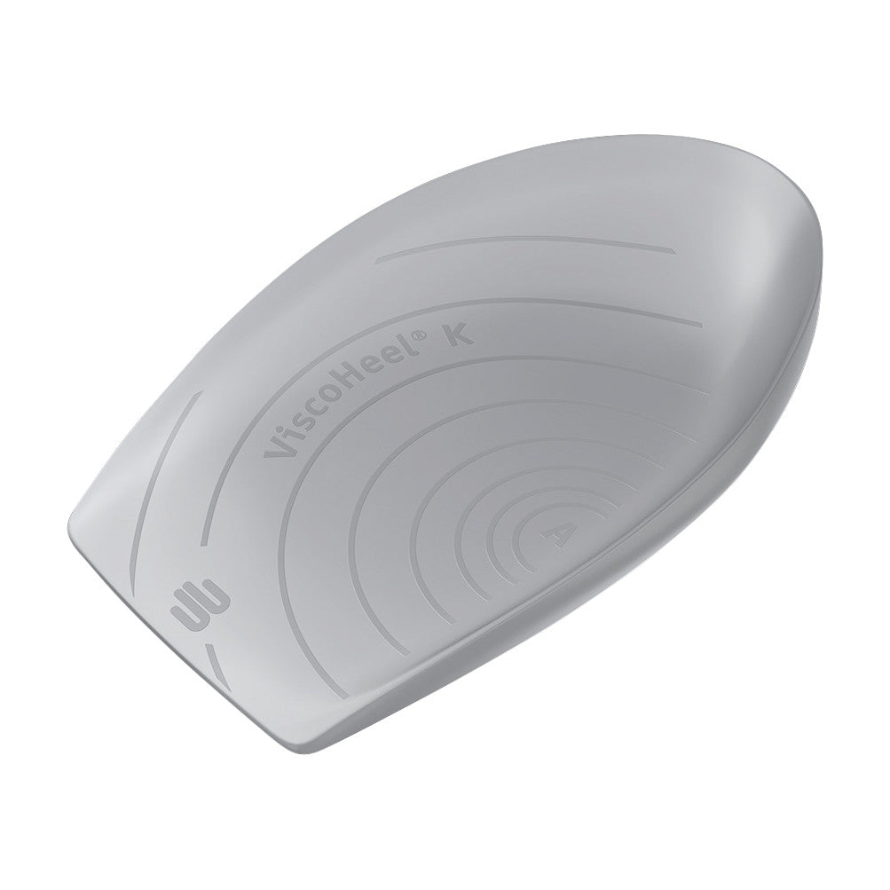 Bauerfeind ViscoHeel K Heel Cushion in a gray color with curved line patterns designed for foot support and comfort.