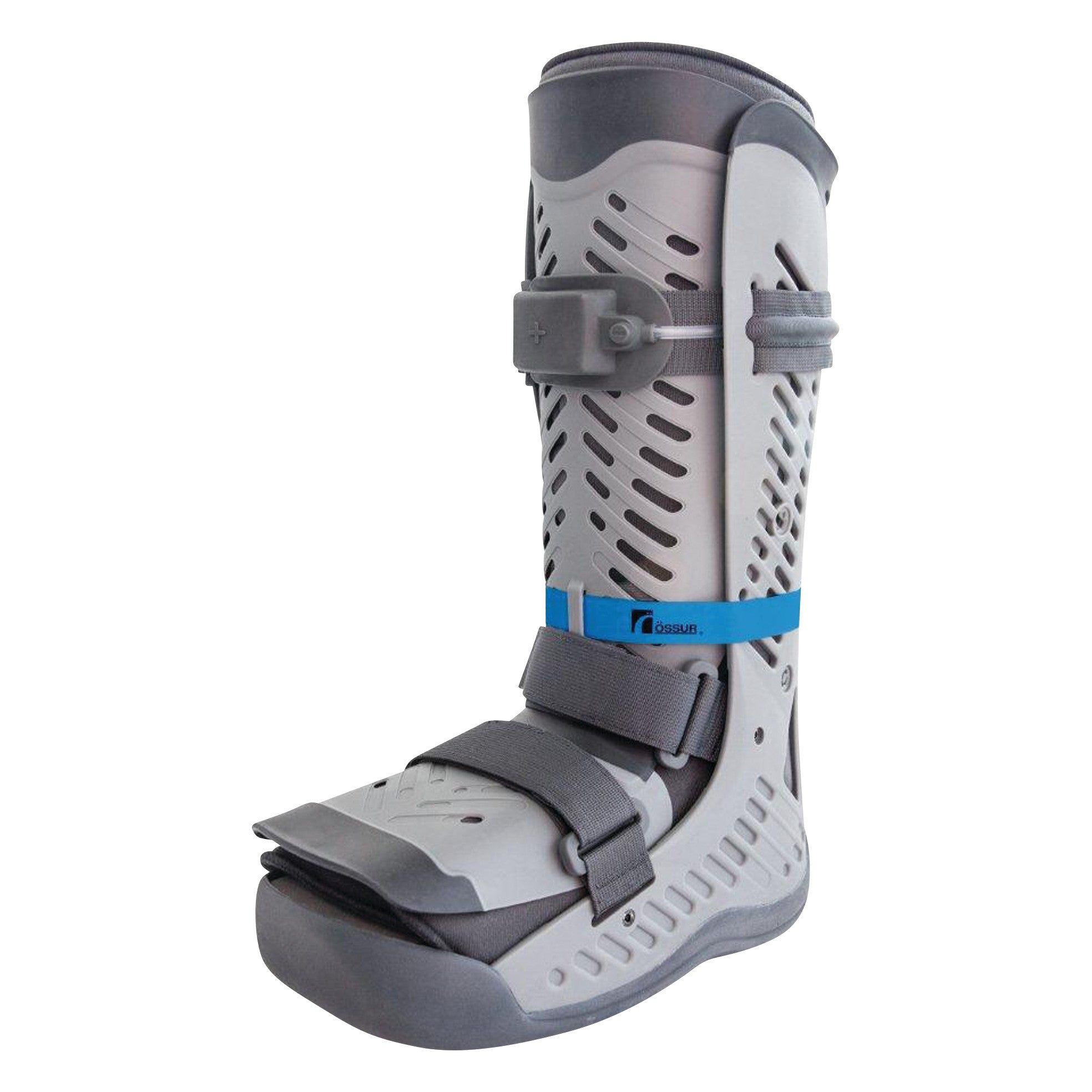 The �ssur Rebound Diabetic Walker is a grey medical boot with vented panels and adjustable straps for foot and ankle support.