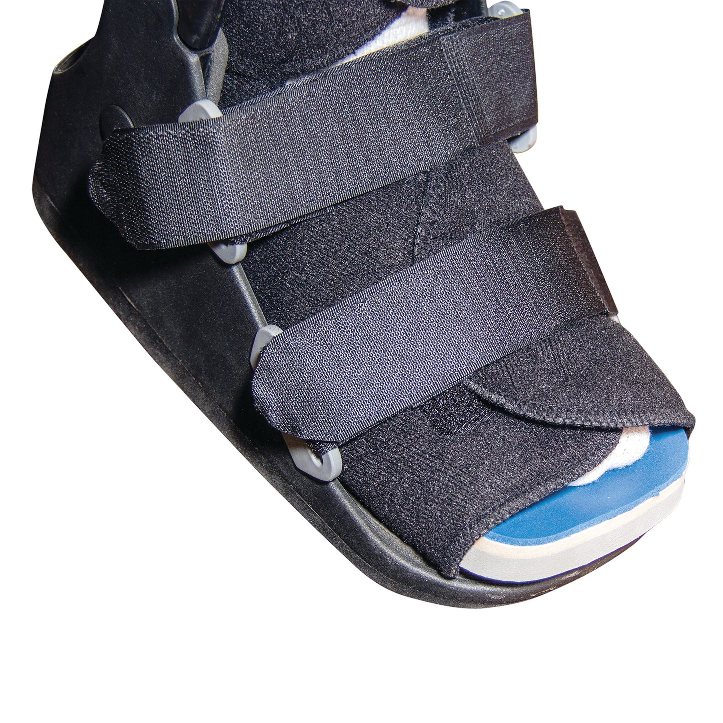 A DARCO PegAssist Walker Offloading Insole System with black straps and visible blue insole covers a foot for support and stability.