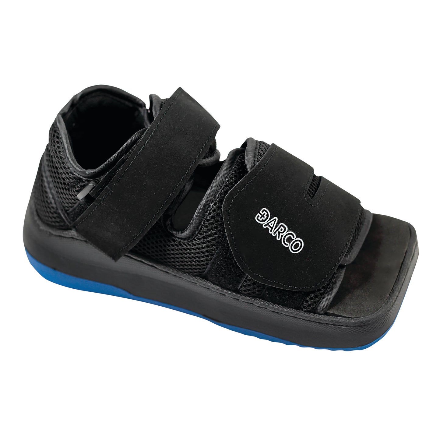 DARCO MedSurg DUO post-operative shoe with black mesh and adjustable straps, featuring a blue sole for enhanced support and comfort.