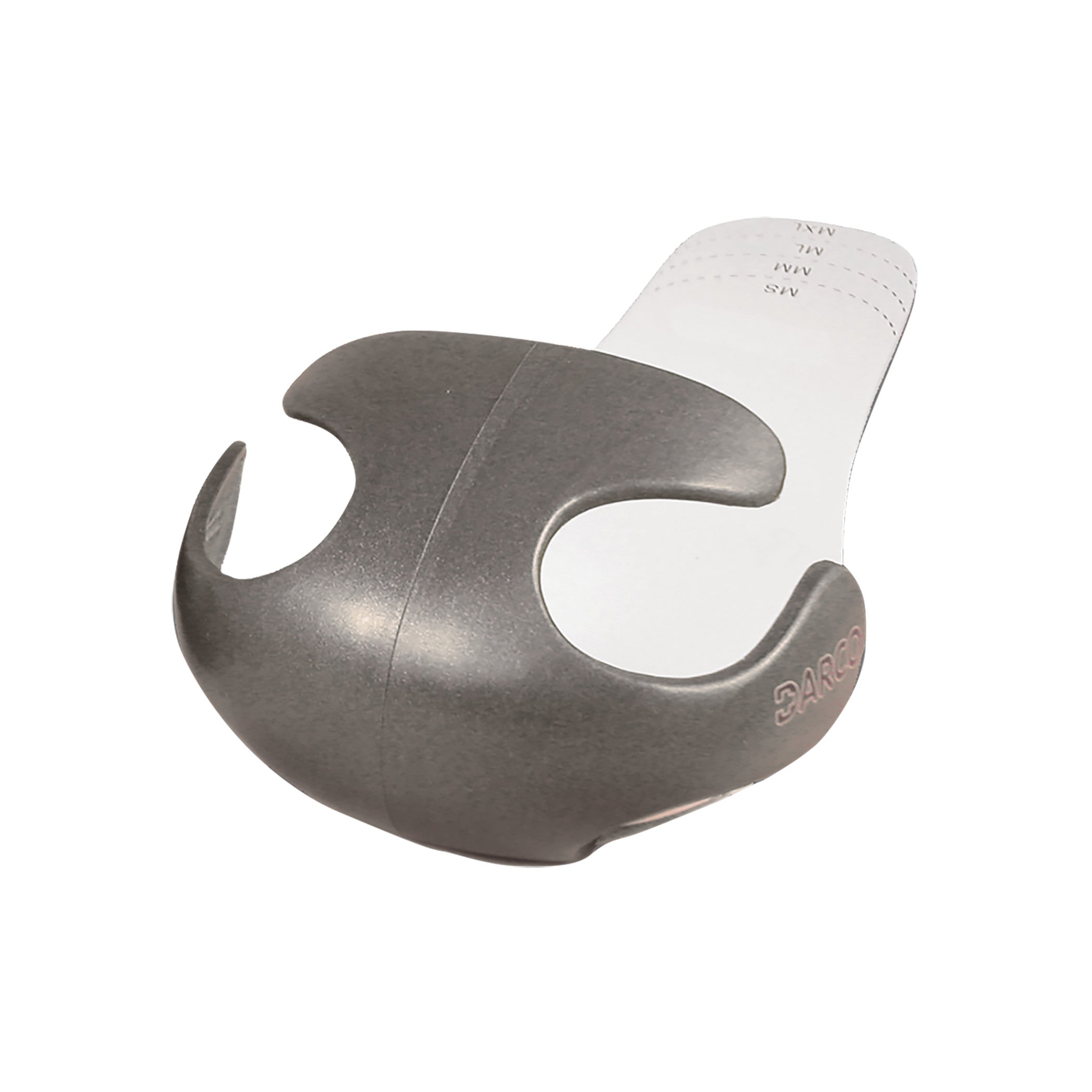 The DARCO Body Armor Toe Guard is a grey protective cover designed to shield toes, featuring a cutout design and size markings.