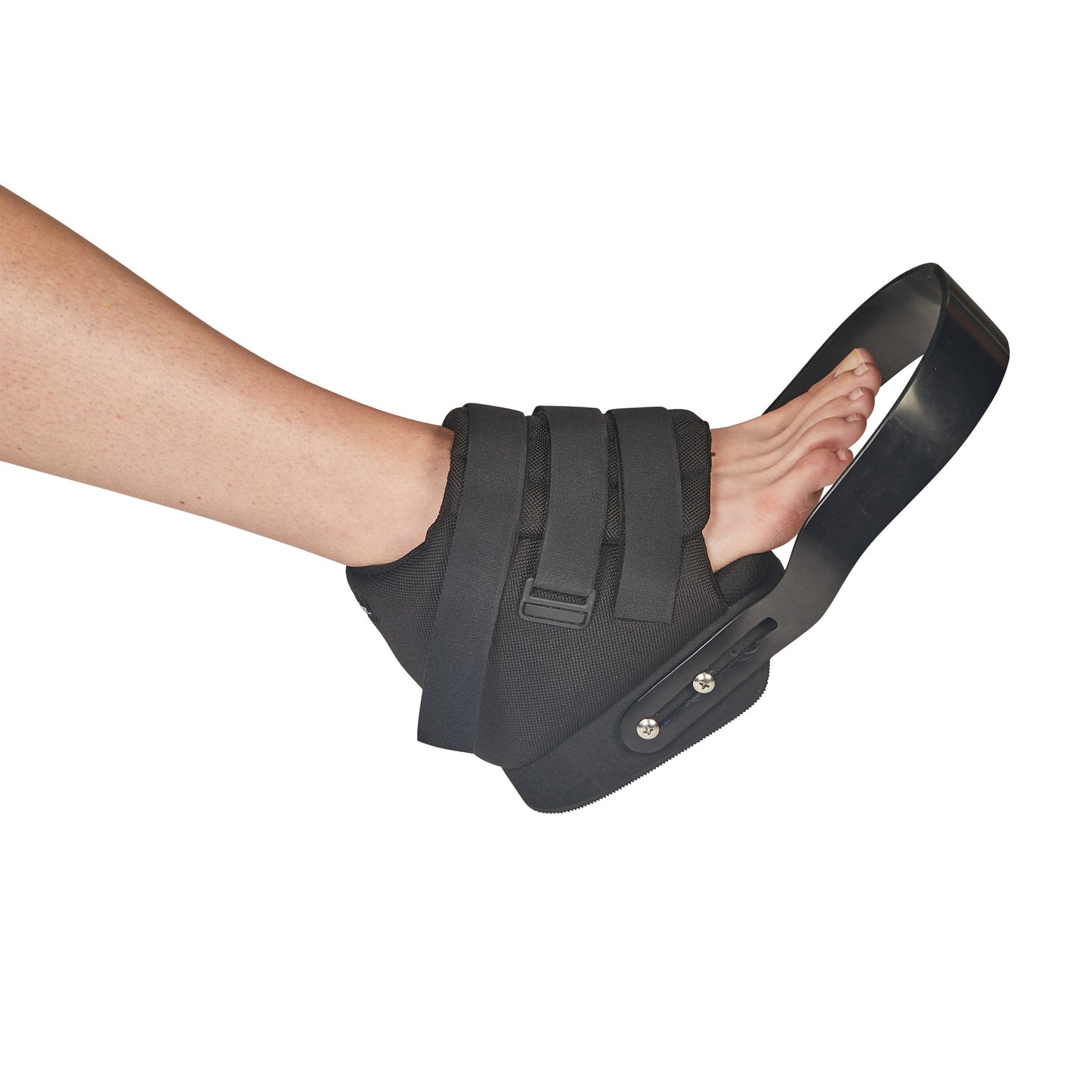 Person's foot in AliMed Open Forefoot Orthosis with straps and a support sole, designed for stability and foot protection.