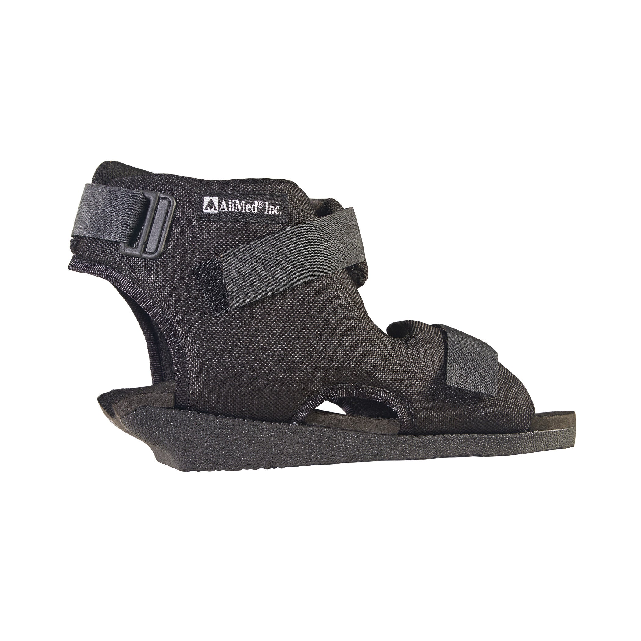 AliMed Open Heel Orthosis, a black orthopedic shoe with straps, designed for foot support and protection.
