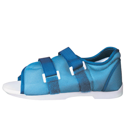 DARCO Original MedSurg Shoe in blue with multiple adjustable straps and an open toe design, used for post-operative foot support.