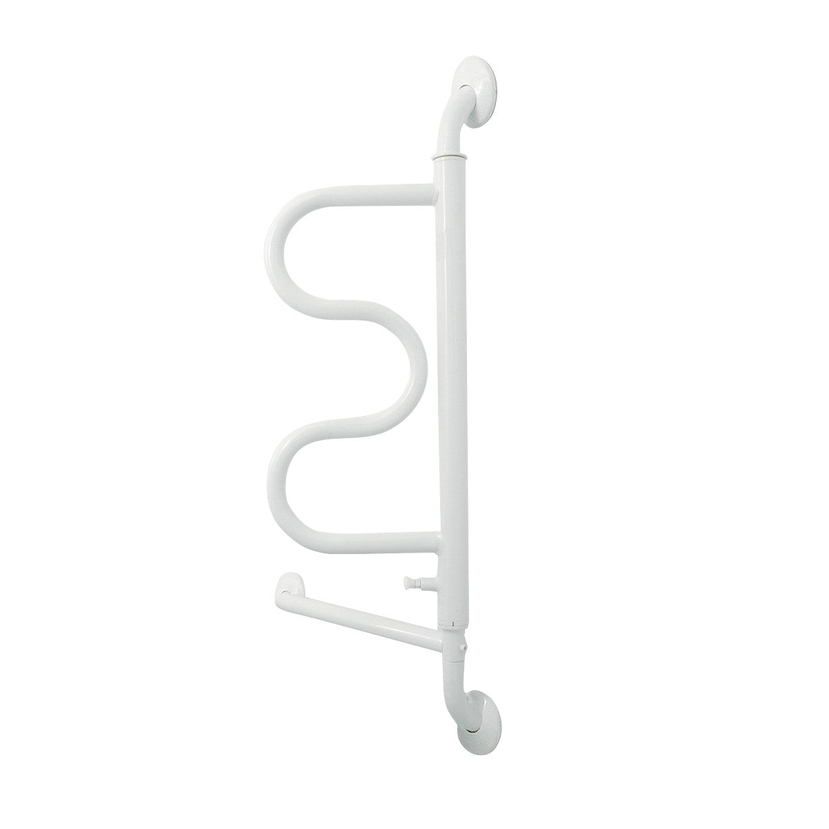Stander Curve Grab Bar, a white wall-mounted safety rail with a curved design, is shown in a vertical position.