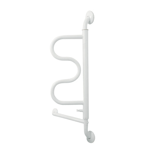 Stander Curve Grab Bar, a white wall-mounted safety rail with a curved design, is shown in a vertical position.