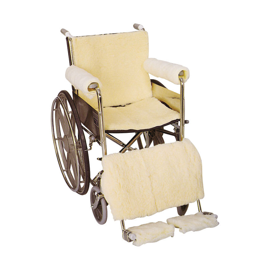 A wheelchair with armrests and foot pedals covered in SkiL-Care Synthetic Sheepskin Wheelchair Footrest Pad for comfort.