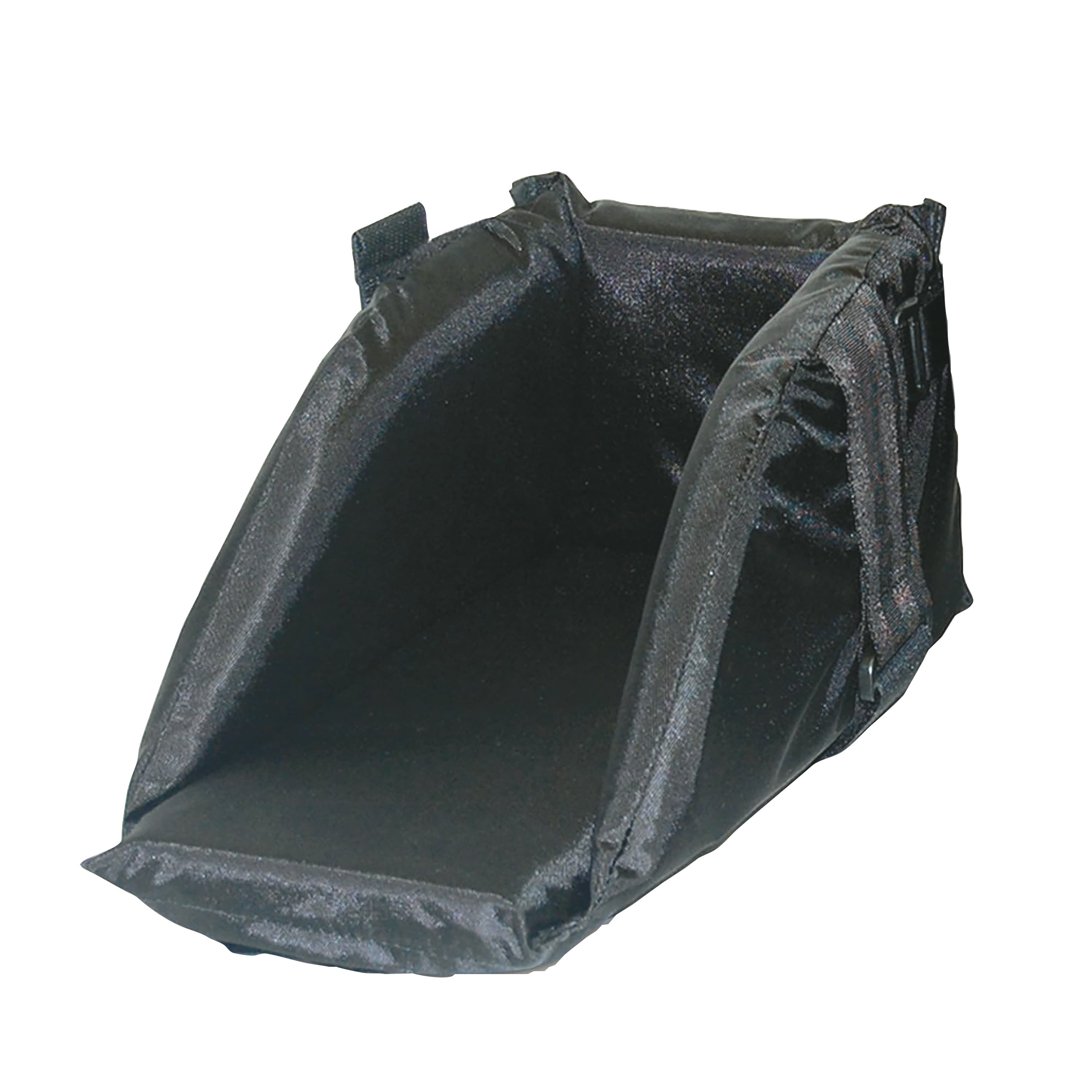 A black SkiL-Care Swing-Away Foot Support with padded sides, designed to provide comfort and support for a patient's feet.