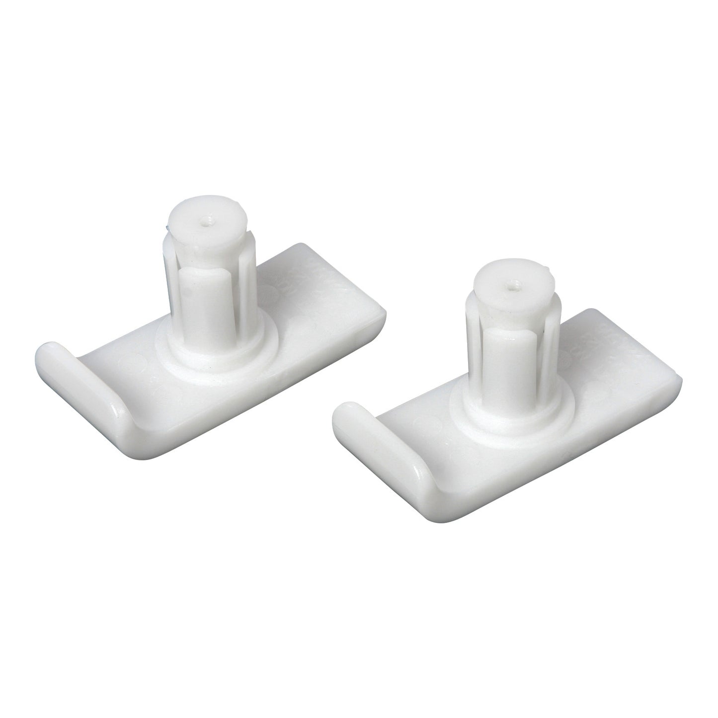 Two white Penco Walker Sleds, featuring a curved base with a protruding cylindrical peg for attachment to a walker.