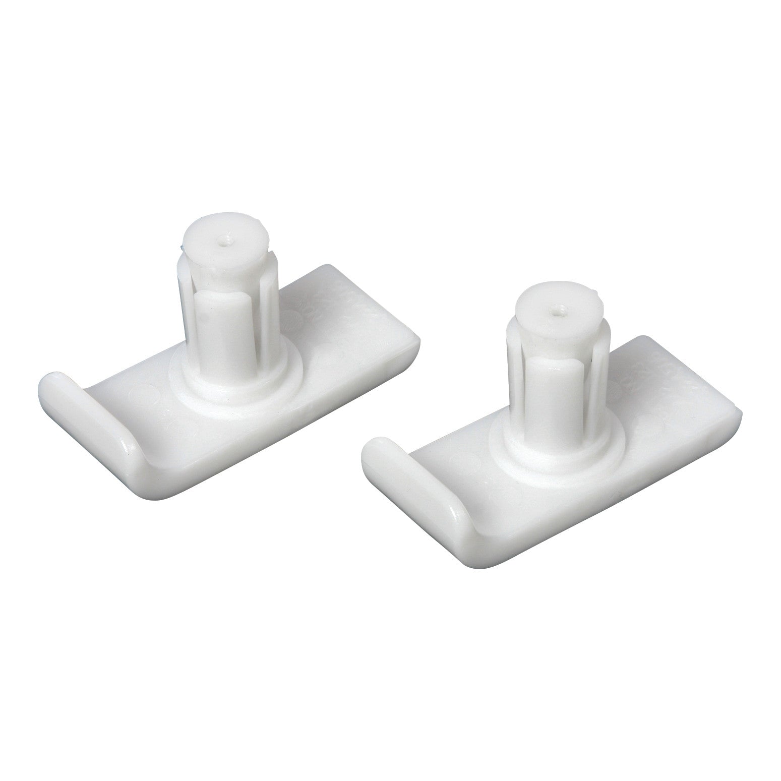Two white Penco Walker Sleds, featuring a curved base with a protruding cylindrical peg for attachment to a walker.