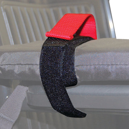 Close-up of a SkiL-Care Removable Wheelchair Lap Tray Strap Replacement Set featuring a red and black hook-and-loop fastener.